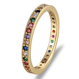 Colorful CZ Eternity Band Ring Thin Skinny Engagement Wedding Birthstone Rainbow Color Classic Simple Round Circle Finger Rings