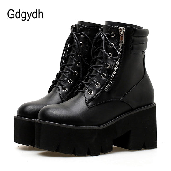 Gdgydh Wholesale Autumn Ankle Boots For Women Motorcycle Boots Chunky Heels Casual Lacing Round Toe Platform Boots Shoes Female
