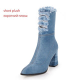 WETKISS Denim Boot Thick High Heels Women Boots Holed Ankle 2020 New Pointed Toe Lady Shoes Ripped Spring Footwear Casual Heels