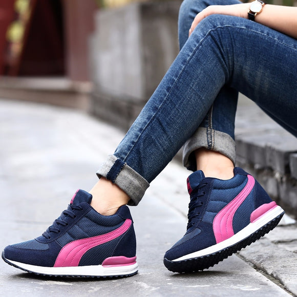 Women Casual Flat Shoes Increased Within 8.5cm Platfrom sneakers Mesh Breathable Shoes lace up Basket trainers Vulcanized Shoes