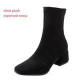 WETKISS Stretch Flock Boots Women Sock Ankle Boot Female Square Toe Thick Heels Shoes Ladies Fashion Suede Winter Boots 2021 NEW