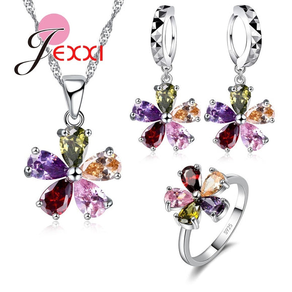 Fashion Woman Christmas Gift High Quality 925 Sterling Silver Jewelry Sets Multicolor Crystal Necklace + Earrings + Ring