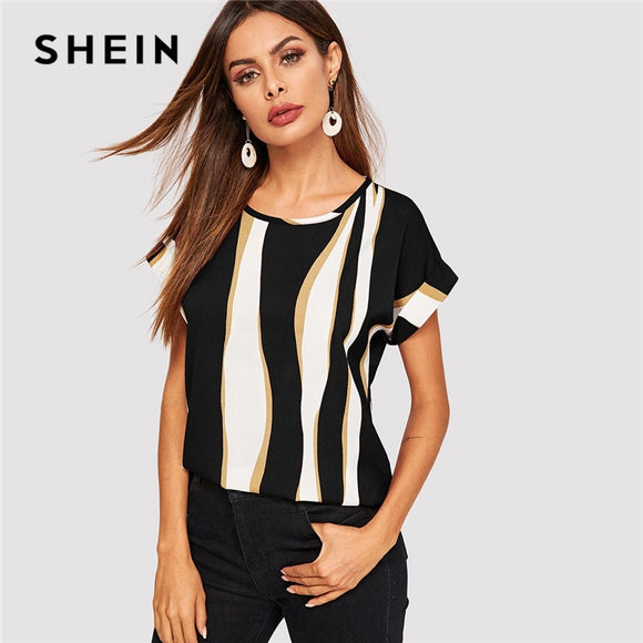 SHEIN Cuffed Sleeve Color Block Top 2019 Elegant Round Neck Roll Up Sleeve Blouse Chic Summer Short Sleeve Women Blouses