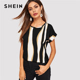 SHEIN Cuffed Sleeve Color Block Top 2019 Elegant Round Neck Roll Up Sleeve Blouse Chic Summer Short Sleeve Women Blouses
