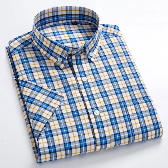 MACROSEA Summer Short Sleeve Plaid Shirts Fashion Men Business Formal Casual Shirts 100% Cotton Slim Fit Shirts Plus Size S-8XL