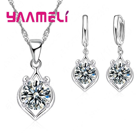 Brand Elegant Women Party Accessories Jewelry Set Fine 925 Sterling Silver Cubic Zircon Pendant Necklace Dangle Earrings