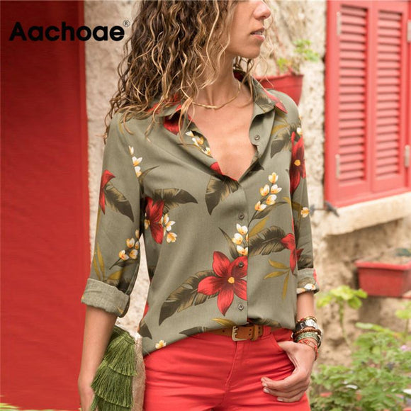 Aachoae Womens Tops and Blouses 2020 Summer Floral Print Blouse Long Sleeve Turn Down Collar Office Shirt Blusas Mujer Plus Size