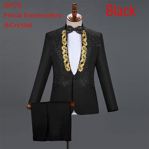2 Pieces White One Button Gold Embroidery Diamond Suit Men Brand Stand Collar Slim Fit Wedding Groom Mens Suits With Pants Terno