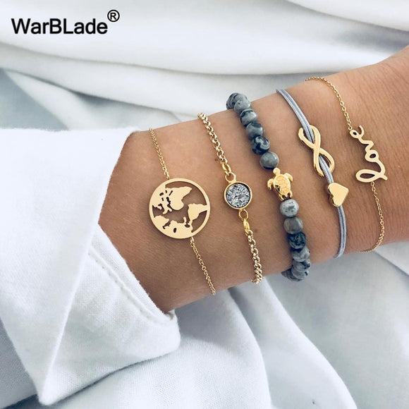 4pcs/Set Classic Turtle Cuff Chain Charm Bracelets Bangle Multilayer Open Bracelet Sets Women Statement Wristband Party Jewelry
