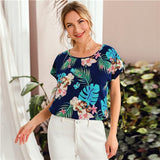 SHEIN Black Tropical Print Batwing Sleeve Top Blouse Ladies 2020 Summer O Neck Casual Cute Womens Tops and Blouses
