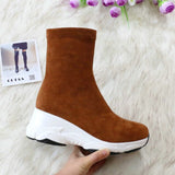 QUTAA 2021 Round Toe Over The Knee Women Boots Autumn Winter Wedge Heel Fashion Casual Women Shoes Flock Stretch Boot Size 34-43