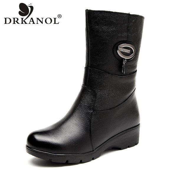 DRKANOL Fashion Crystal Wedges Women Boots Genuine Leather Mid Calf Plush Winter Warm Snow Boots Women Cotton Boots Female Shoes