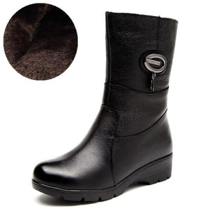 DRKANOL Fashion Crystal Wedges Women Boots Genuine Leather Mid Calf Plush Winter Warm Snow Boots Women Cotton Boots Female Shoes