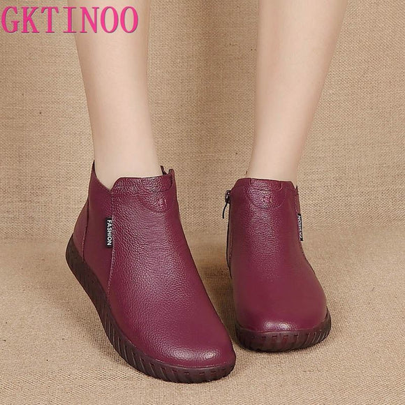 GKTINOO Vintage Handmade Genuine Leather Women Ankle Boots Casual Snow Boots Winter Ladies Flat Shoes Zip Rubber Botines Mujer