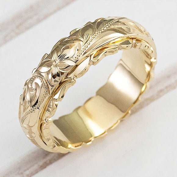 Huitan Elegant Craved Flower Pattern Women Band Ring 3 Metal Colors Available Fine Wedding Bridal Rings Classic Timeless Jewelry
