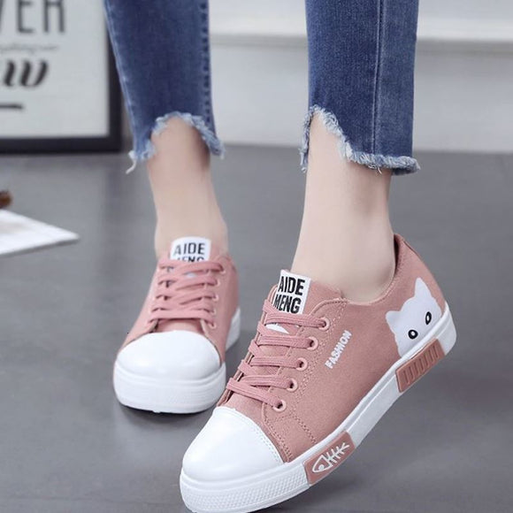 Women Flat Cartoon Canvas Shoes  New Summer White Lace Up Student Board Shoes Ladies Casual Shoes Female Sneakers