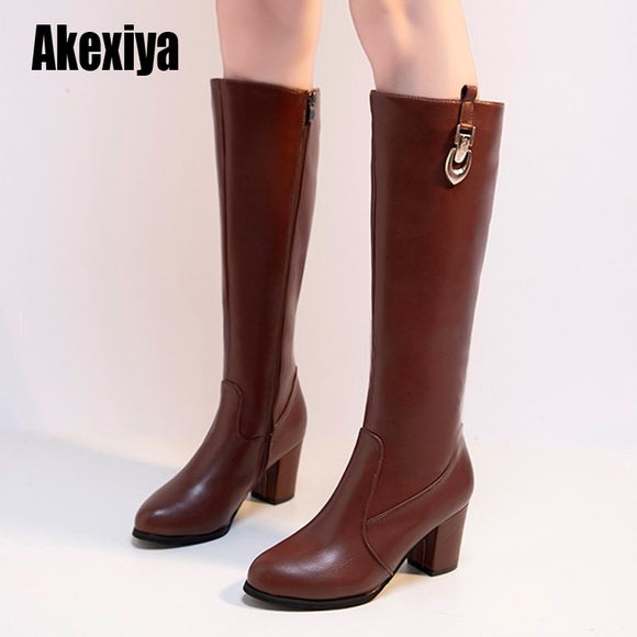 Fashion Knee-high Boots Women Round Toe Metal decoration Boot High Heels Knight Woman black Brown Large size 43 u842