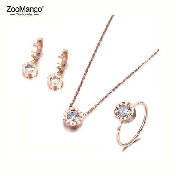 ZooMango Classic Round 2Ct Cubic Zirconia Pendant Necklace Earrings Ring Jewelry Sets Titanium Steel For Valentine's Day ZSE007R