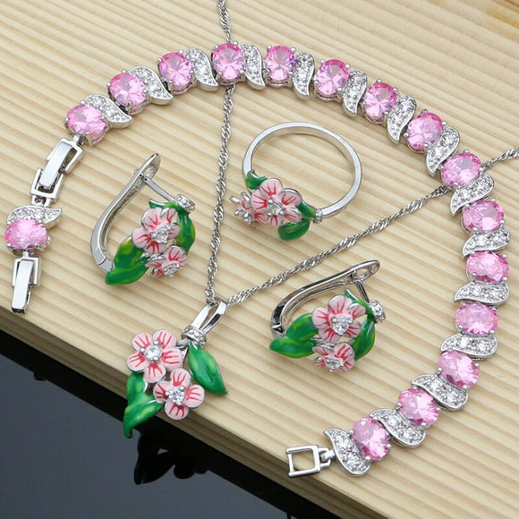 Enamel Earrings 925 Sterling Silver Jewelry Sets for Women Wdding Party CZ Bracelet Leaves Flower Necklace Set Dropshipping
