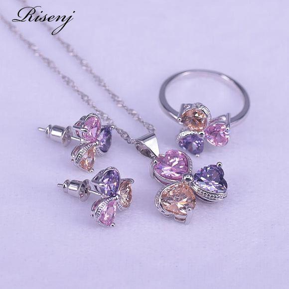 Heart & Flower 925 Silver Jewelry Set Top Cubic Zircon 925 Sterling Silver Jewelry Set Earrings Ring Necklace Costume Jewelry