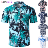 Men's Holiday Casual Short Sleeve Aloha Hawaiian Shirt Short Sleeve Palm Tree Printed Tropical Aloha Blue Shirts Camisa Hawaiana