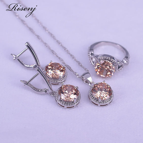 Round Simple Design 925 Sterling Silver Jewelry Set For Women Drop Earrings Ring Necklace Set Costume Bridal Jewelry Set