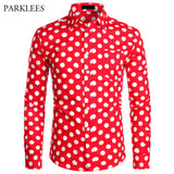 Red Mens Polka Dot Shirt Casual Button Up Dress Shirts Men Chemise Homme Party Club Male Shirts Garden Point Camisas Masculina
