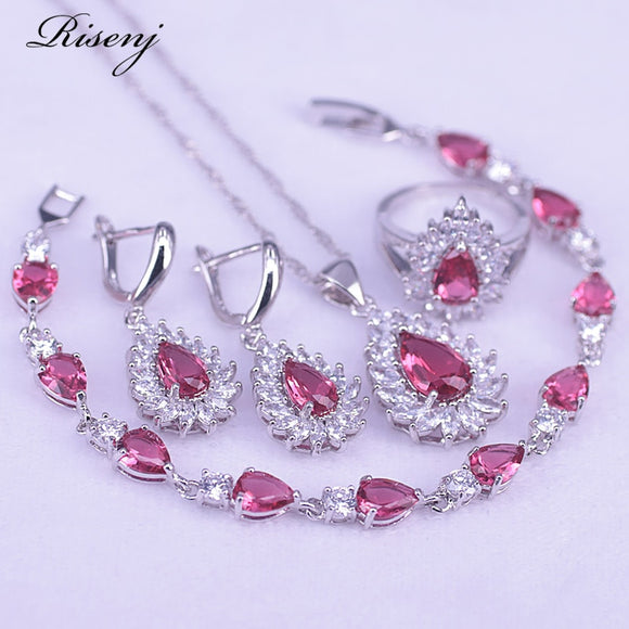 Water Drop Rose Red Ruby 925 Sterling Silver Jewelry Set For Women Bridal Jewelry Set Earrings Ring Necklace Bracelet Set