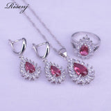 Water Drop Rose Red Ruby 925 Sterling Silver Jewelry Set For Women Bridal Jewelry Set Earrings Ring Necklace Bracelet Set