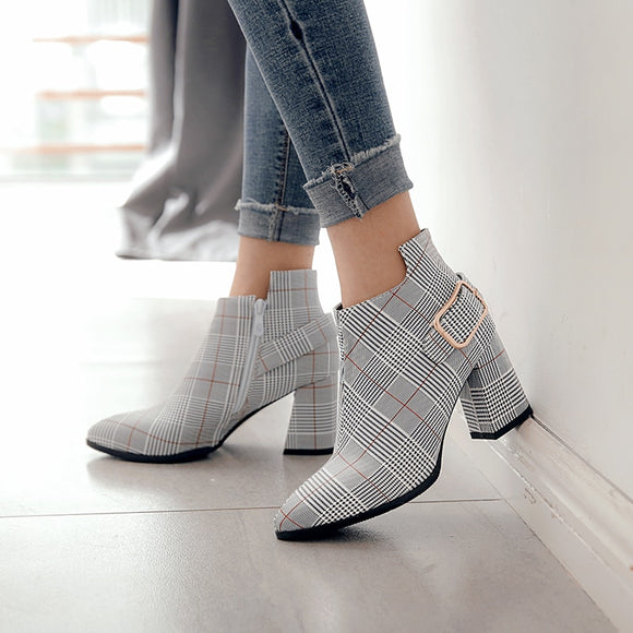 Lucyever Women Autumn Winter Boots Fashion Side Zipper buckle Thick High Heels Ankle Boots Casual Plaid Pointed Toe Botas Mujer