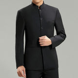 Solid Color Black Tunic Suit Jacket Men Mandarin Collar Chinese Style Traditional Single Breasted Tang Costume Male Coat