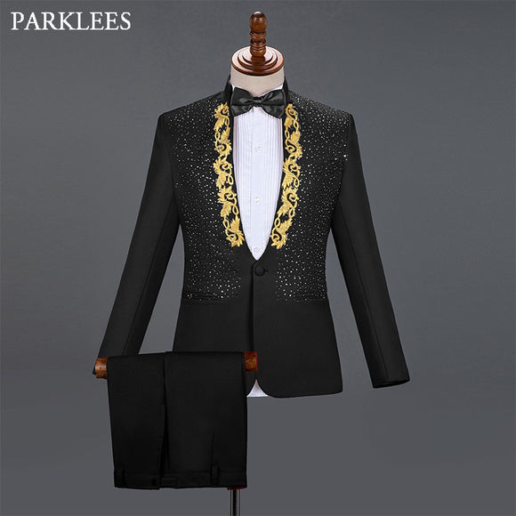 Gold embroidery Suit Men Stand Collar Diamond Mens Suits with Pants Wedding Groom Tuxedo Suits Stage Singer Party Costume Homme