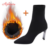 Aphixta Metal Blade Heels Socks Boots Women Stretch Fabric Elastic Stilettos Heel Pointed Toe Ankle Boots Shoes Woman Boats