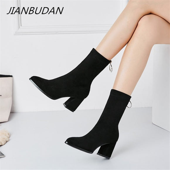 JIANBUDAN 2020 new autumn ankle boots Fashion women's Stretch boots Flock Leather Pointed Toe Plush boots women High heels 34-40