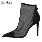 Eilyken Spring Autumn New Sexy Mesh Ankle Boots Women Pointed Toe Stiletto Heels Fashion Zip Ladies Party Shoes Size 34-40