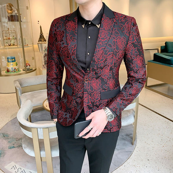YUSHU Luxury Party Prom Men Blazer Embroidered Wine Red Long Sleeve Coat Men Blazer Homme Slim Fit Mens Blazer Jacket