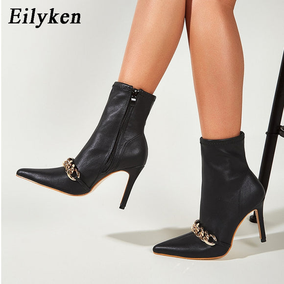 Eilyken New Black Ankle Zipper Short Boots Women Pointed Toe Metal Chain Decoration Thin High Heels Autumn Sexy Booties Shoes