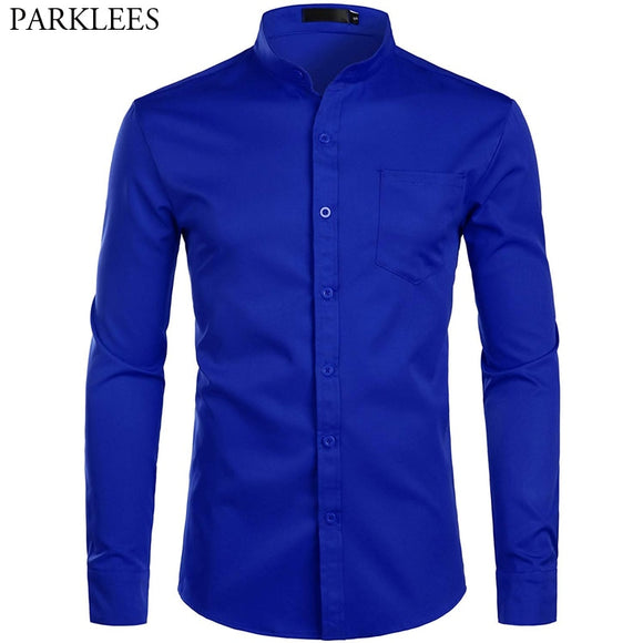 Men's Royal Blue Dress Shirts 2019 Brand Banded Mandarin Collar Shirt Male Long Sleeve Casual Button Down Shirt with Pocket 2XL
