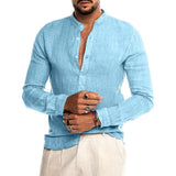 2020 New Men's Casual Cotton Linen Shirt O-Neck Button Solid Beach Long Sleeve Top Spring Autumn Korea style Men Beach Shirt Top