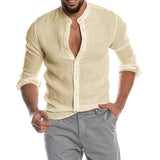 2020 New Men's Casual Cotton Linen Shirt O-Neck Button Solid Beach Long Sleeve Top Spring Autumn Korea style Men Beach Shirt Top