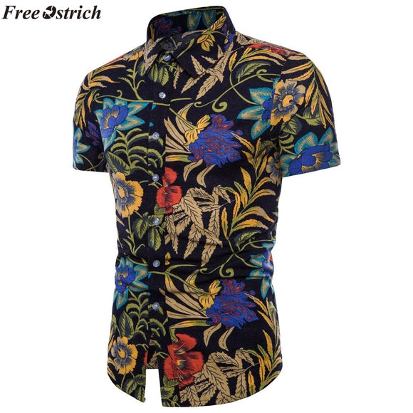 FREE OSTRICH new arrival sweatshirts men Summer Bohe Floral Short Sleeve shirt Linen Basic Top Plus Size Shirt moletom masculino