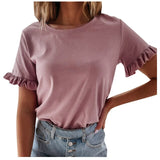 Sexy O neck Solid Color Tee Tops Purple Blouse Summer Women Shirts 2020 Short Sleeve Casual Loose Ruffle Ladies Blouses FG618