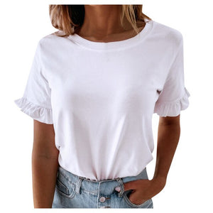 Sexy O neck Solid Color Tee Tops Purple Blouse Summer Women Shirts 2020 Short Sleeve Casual Loose Ruffle Ladies Blouses FG618