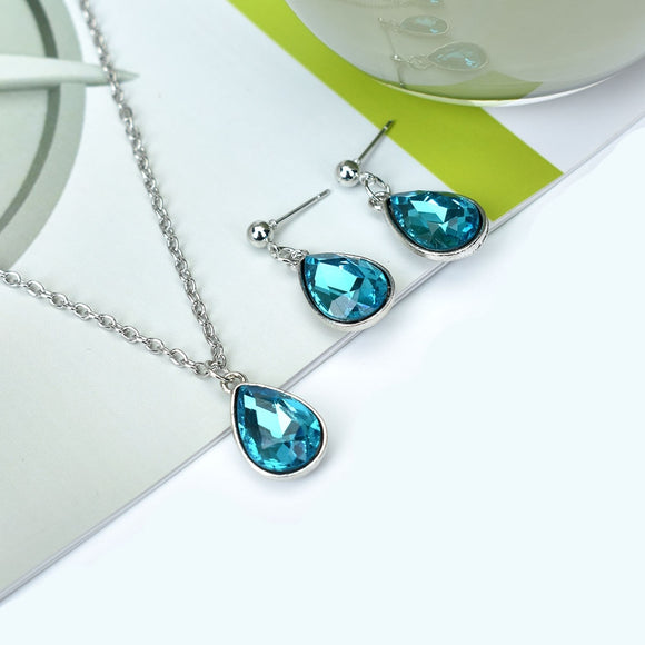 New Fashion Crystal Jewelry Set Red Blue Pendant Necklace Geometric Water Drop Dangle Earring For Women Bijoux Femme