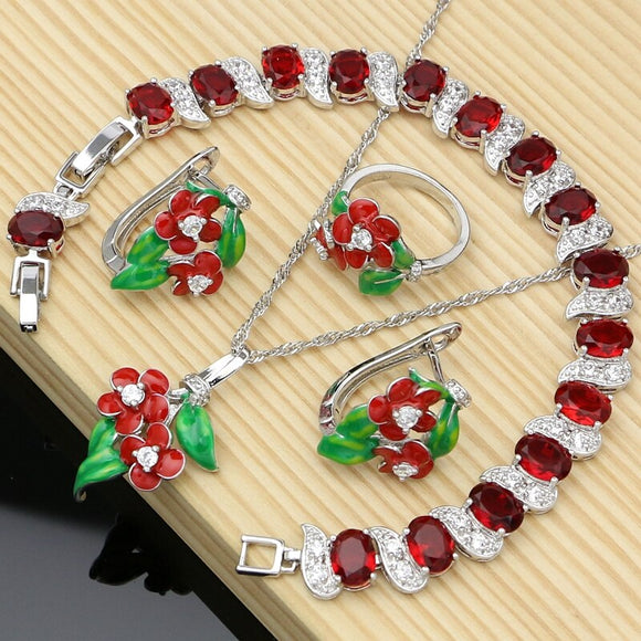 Noble Red Enamel 925 Silver Jewelry Sets for Women Flower Earrings Accessories Wdding Ruby Bracelet Necklace Set Dropshipping