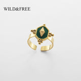 Wild&Free Stainless Steel Gold Geometric Open Rings For Women Vintage Green Enamel Gold Beads Rings Bohemian Adjustable Jewelry