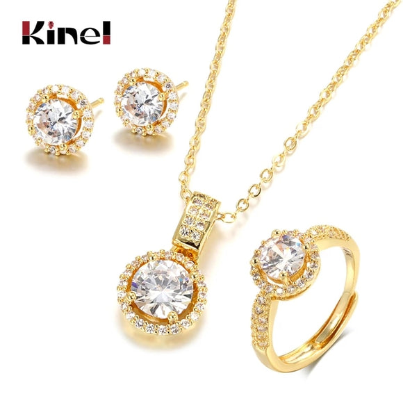 Kinel 18K Gold Zircon Jewelry Sets Engagement Ring Necklace Earring for Bridal Wedding Jewelry Valentine's Day Gift for Women