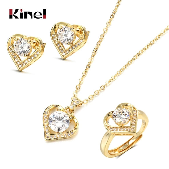 Kinel 18K Gold Zircon Jewelry Set Promise Ring Stud Earring Necklace Sterling Silver Christmas Valentine's Day Gift for Women