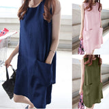 Fashion Spring Summer Women O-neck Sleeveless Solid Loose Pockets Cotton Linen Casual Knee Length Daily Dress женское платье