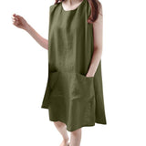Fashion Spring Summer Women O-neck Sleeveless Solid Loose Pockets Cotton Linen Casual Knee Length Daily Dress женское платье